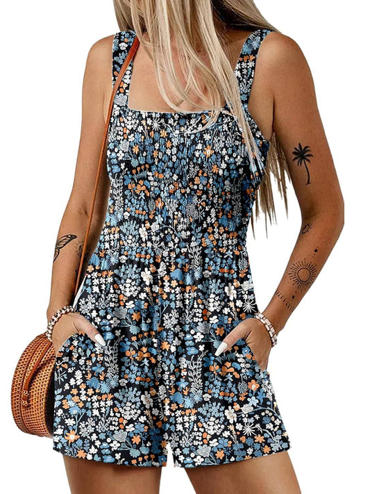 💃Kvinnor Sommar Square Neck Sleeveless Lös Casual Kort Smockad Romper✨
