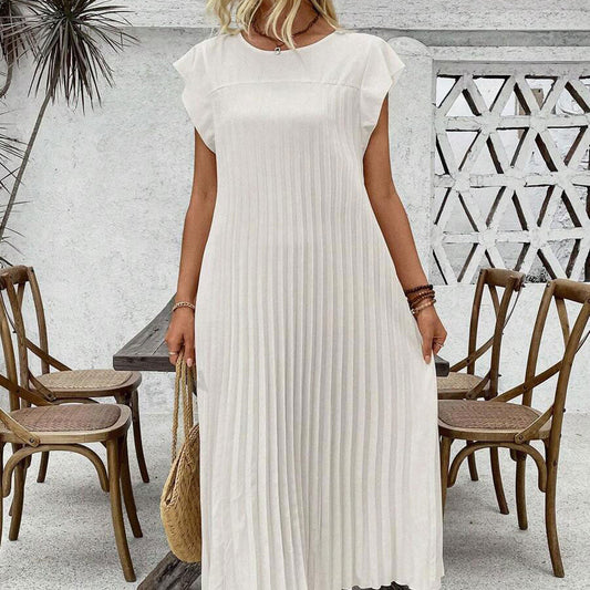 🌸Kvinnor Plisserad Enkel Solid Färg Klänning