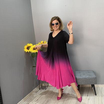 Italiensk avslappnad långärmad klänning med batikfärgad gradient