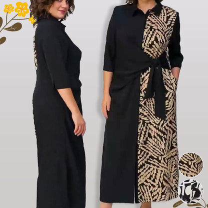 3/4 ärmad färgblockad klänning med uppslitsat uppslag