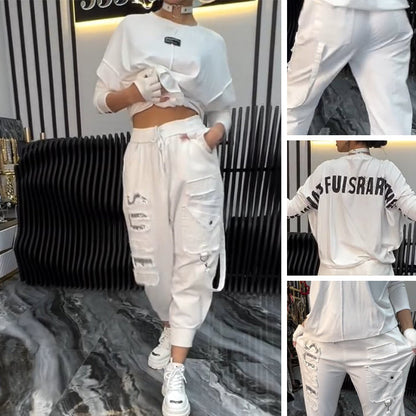 🌸Vårspecialerbjudanden🌸Tvådelat set bestående av topp och byxor med bokstavstryck för kvinnor