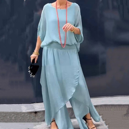 ⏳Tidsbegränsad rabatt✈️   Lös topp & byxor med vida ben Chiffon 2-delat set