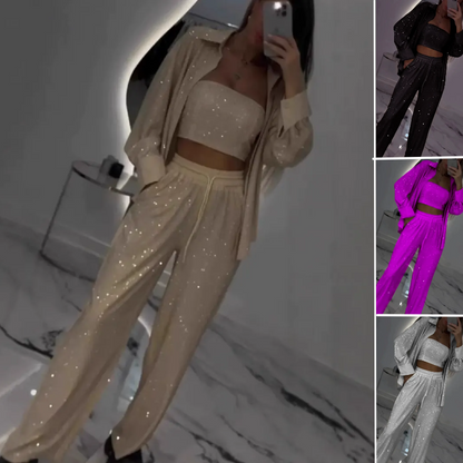 Kvinnors Kavaj Paljetter & Vida Byxor (3-Delat Set)