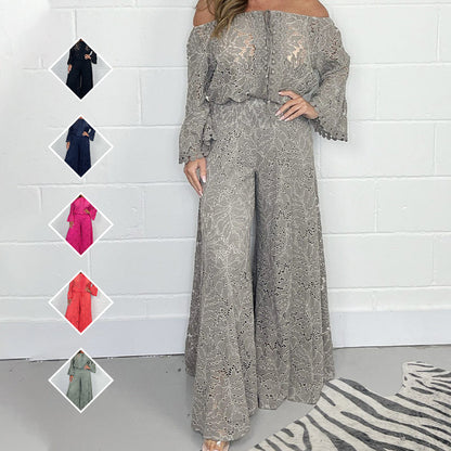 Tvådelat set för dam: spetstopp + byxa med vida ben