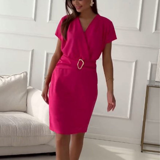 🌺2025 Sommarens nykomlingar👗 V-ringad kortärmad kortklänning med rynkad midja