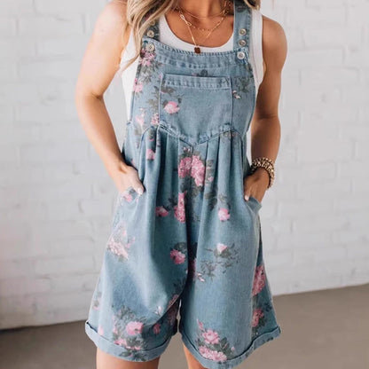 🌸2025 Nytt mode🌸 Vintage blommigt tryckt denim jumpsuit