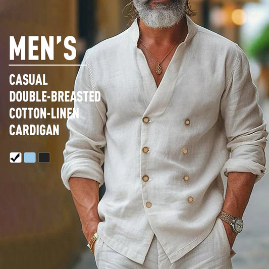 Herrcardigan i bomull och linne med dubbla knäppningar